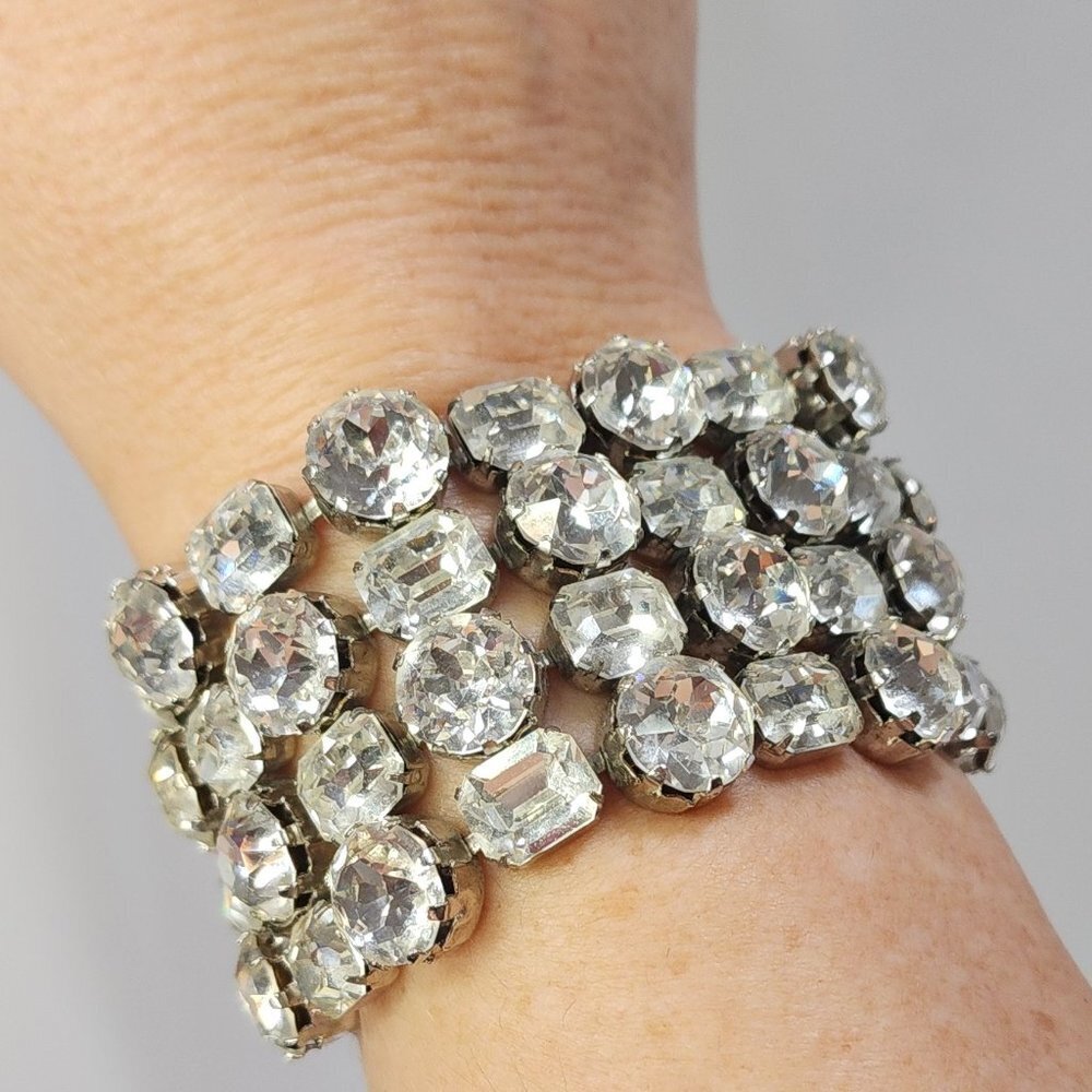 Vintage Round and Radiant White Rhinestone Wide Band Bracelet